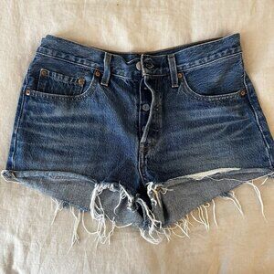 Levis Womens 501 Button Fly Cut Off Shorts Size W 27 Distressed Blue Demin